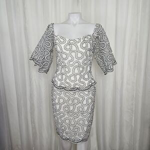 Rene Ruiz White & Black Lace Sequin Set Top & Skirt Off Shoulder Flowy Sleeve 8
